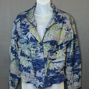 Gap Blue Hawaiian Print Mockneck Jacket in Cotton-Linen XS NWT